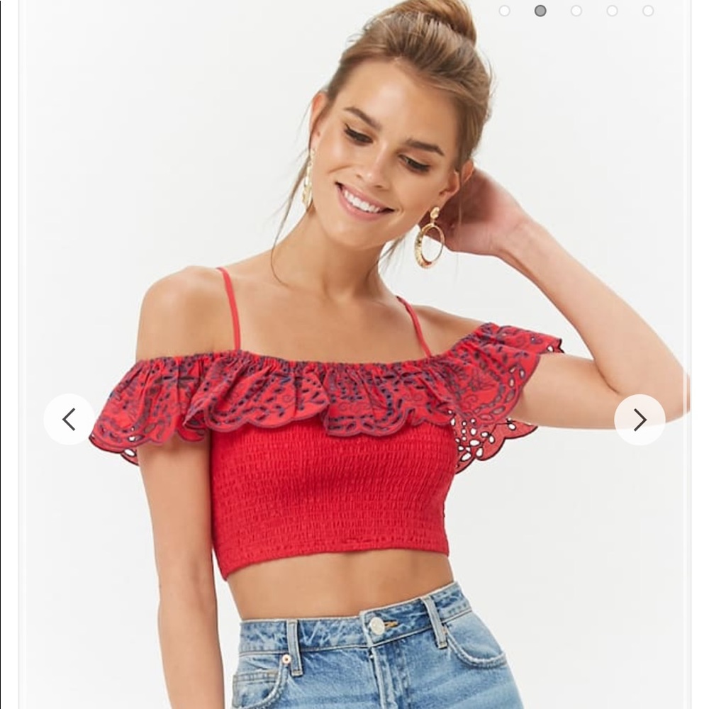 Red & Navy Smocked Eyelet Crop Top